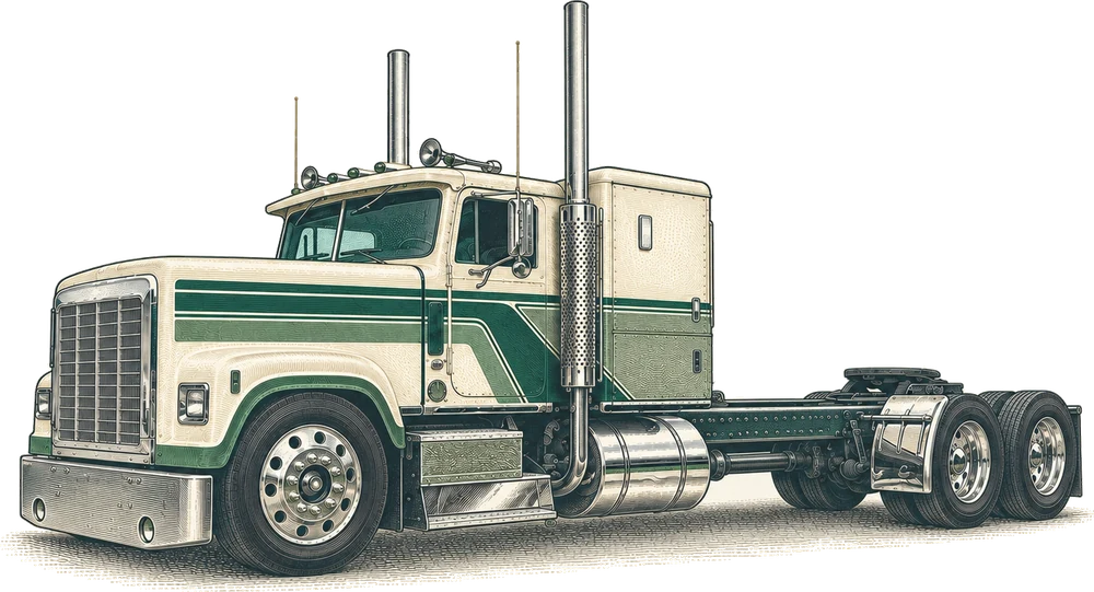 A custom long-hood conventional tractor, drawn as an engraving.